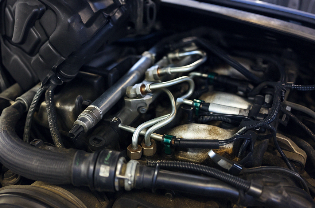 Zamontowane wtryskiwacze i przewody paliwowe w silniku